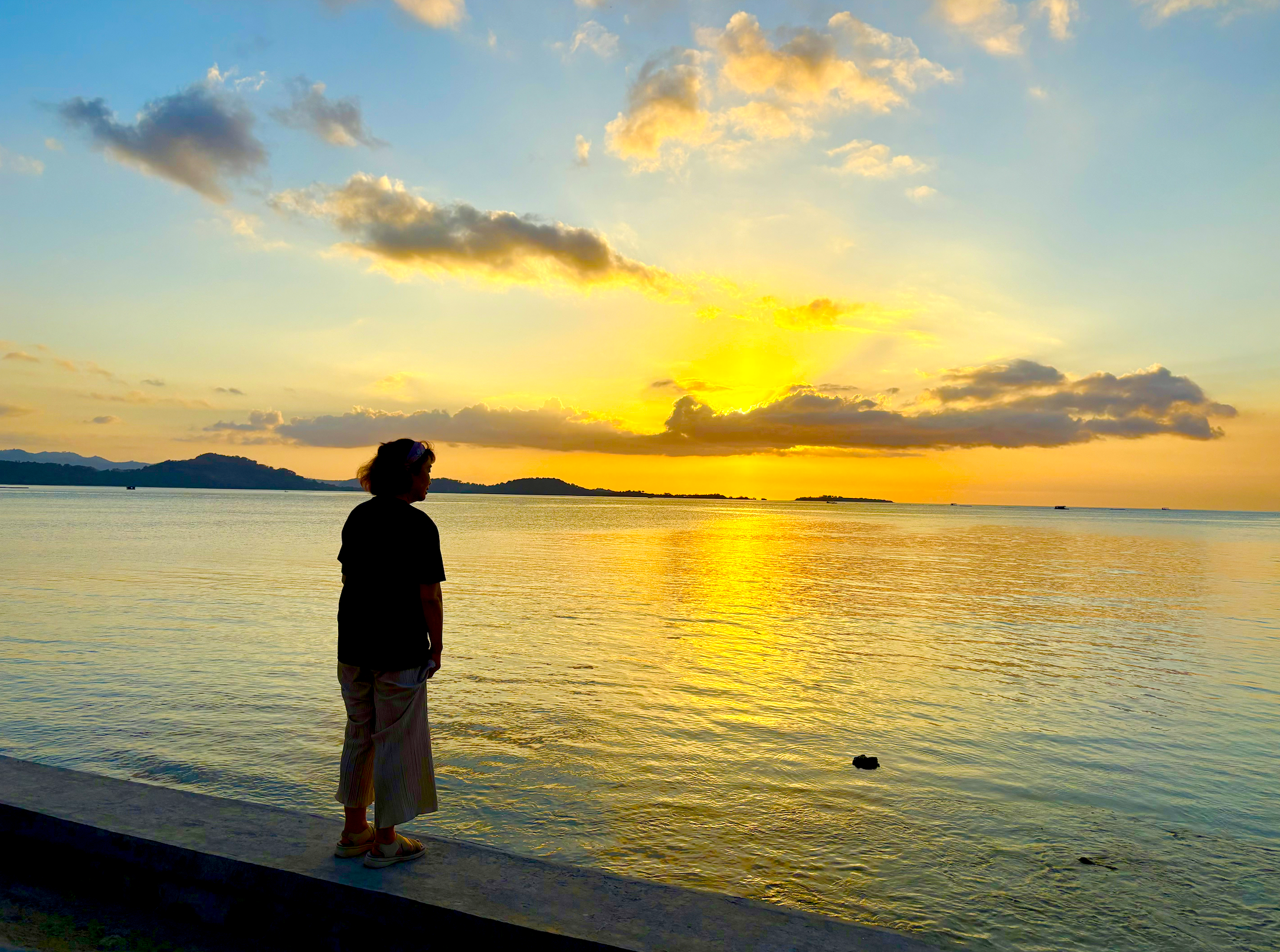 夕方の浜に立つ人